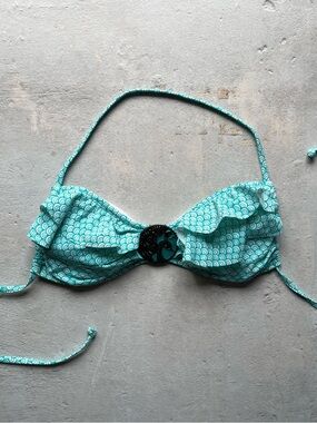 Hobie Teal Scallop Print Ruffle Bikini Top with Center Ring
